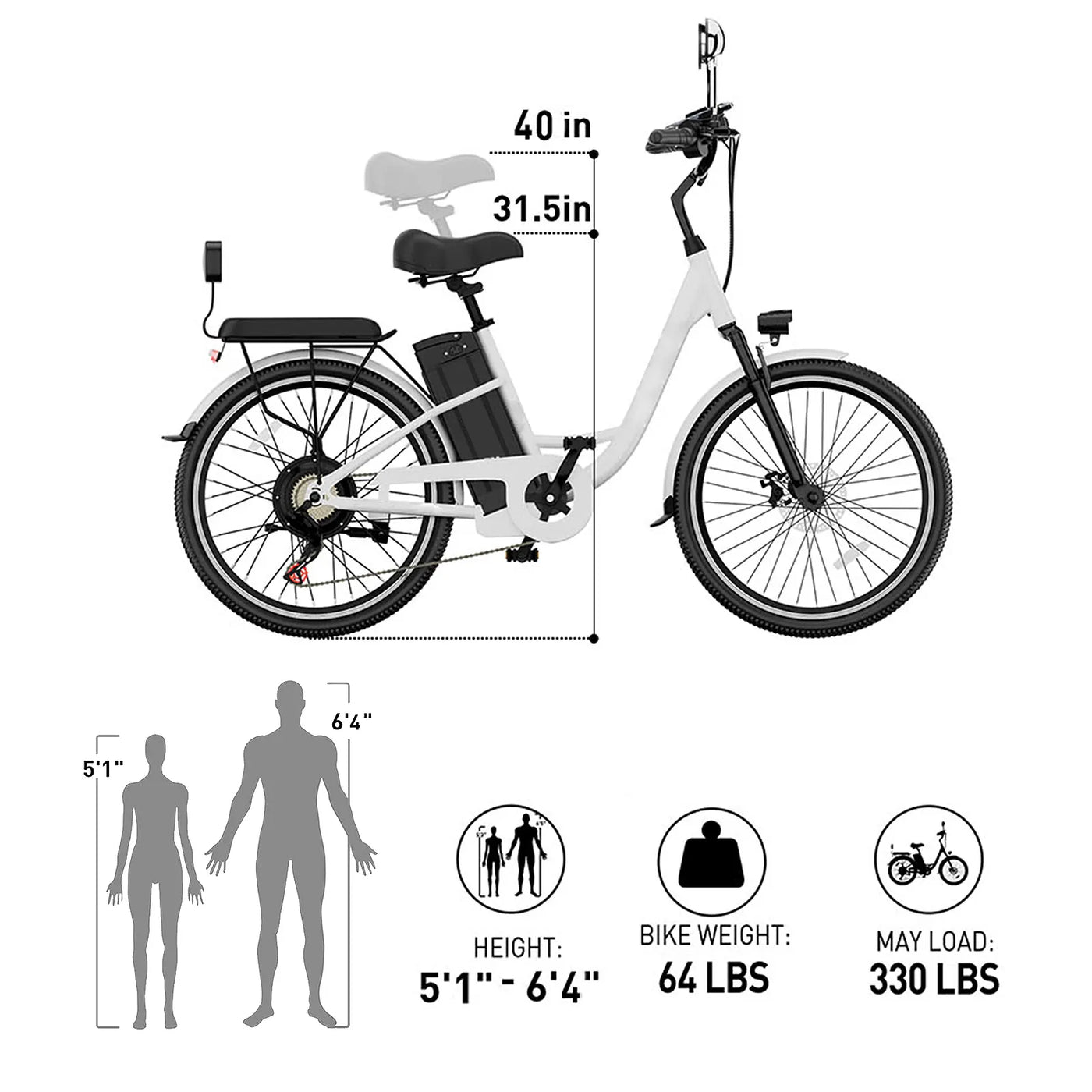 DDC CS20 500W 48V/20Ah Electric Bicycle Removable Battery,22MPH Commuter E-bike,24" Beach Cruiser Ebike for Women&Man, Back Seat Rear Mirror