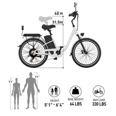 DDC CS20 500W 48V/20Ah Electric Bicycle Removable Battery,22MPH Commuter E-bike,24" Beach Cruiser Ebike for Women&Man, Back Seat Rear Mirror