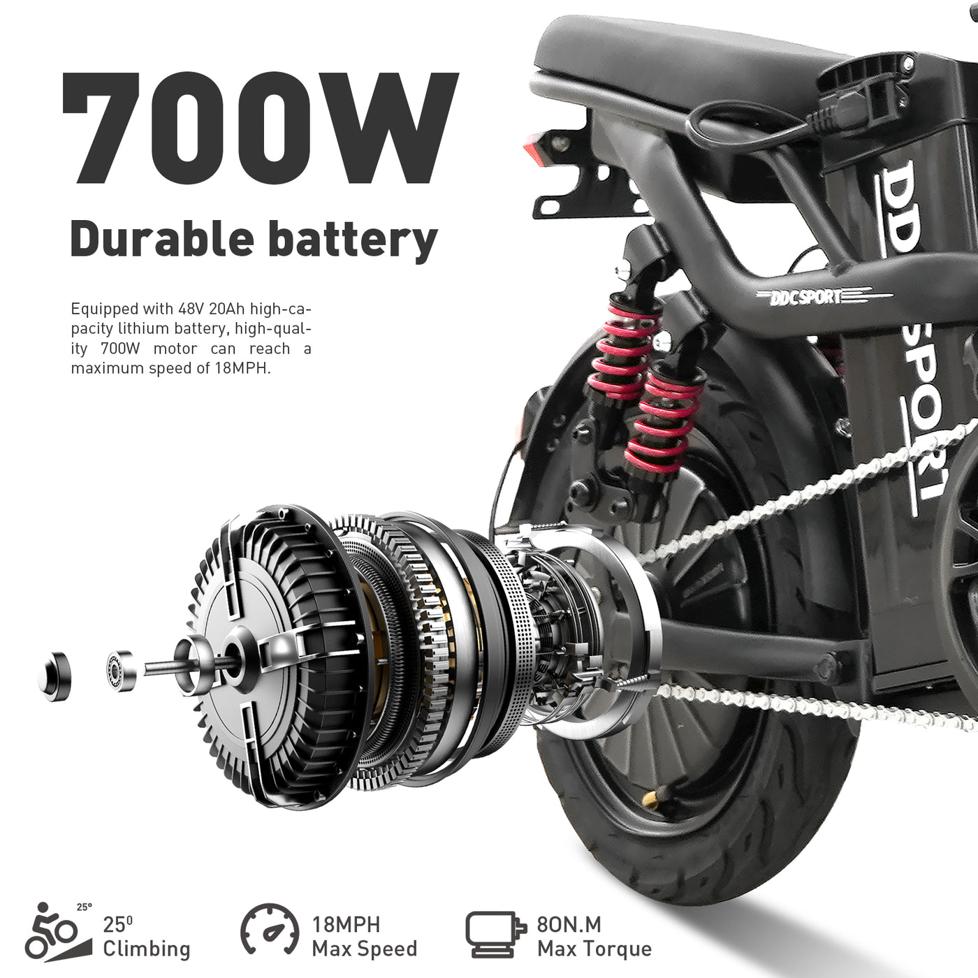 DDC M1 700W 48V/20Ah Electric Bicycle With Removable Battery, Folding Electric Bike for Adults,14'' Ebike Urban City with 10 Shock Absorptions