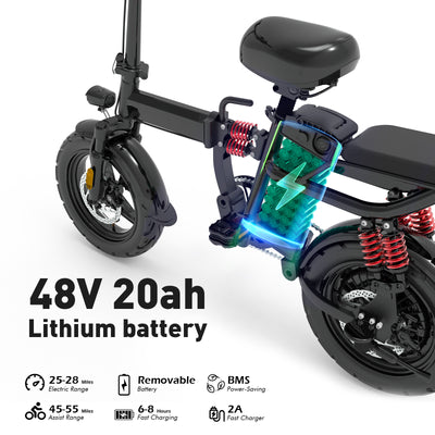 DDC M1 700W 48V/20Ah Electric Bicycle With Removable Battery, Folding Electric Bike for Adults,14'' Ebike Urban City with 10 Shock Absorptions