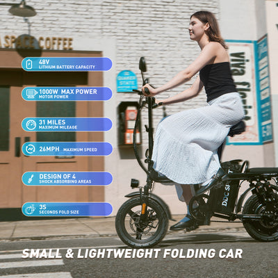 DDC Z1 1000W 48V/20Ah Electric Bicycle With Removable Battery, Folding Electric Bike for Adults,14" Ebike Urban City with 10 Shock Absorptions