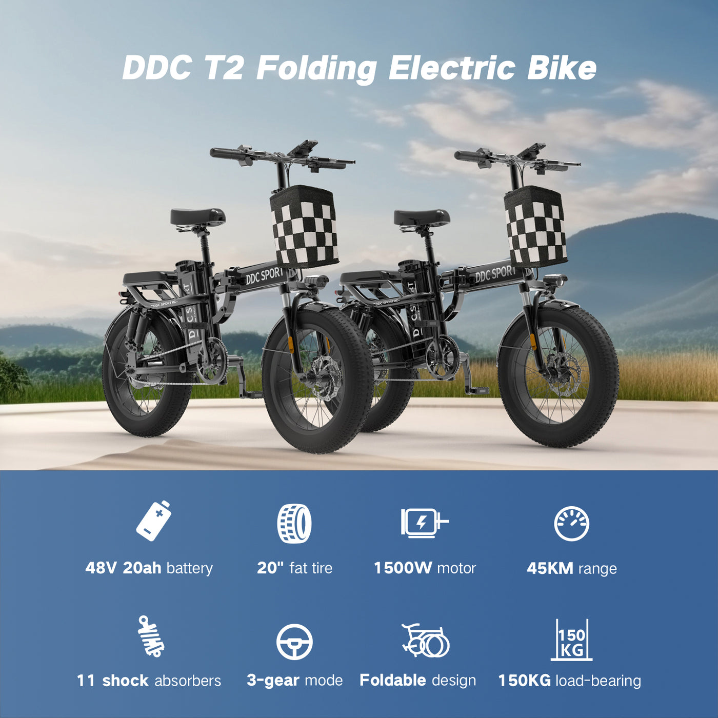 DDC T2 1500W 48V/20Ah Electric Bicycle With Removable Battery, Folding Electric Bike for Adults,20'' Ebike Urban City with 10 Shock Absorptions