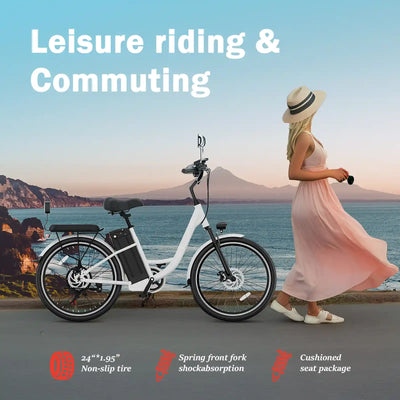 DDC CS20 500W 48V/20Ah Electric Bicycle Removable Battery,22MPH Commuter E-bike,24" Beach Cruiser Ebike for Women&Man, Back Seat Rear Mirror