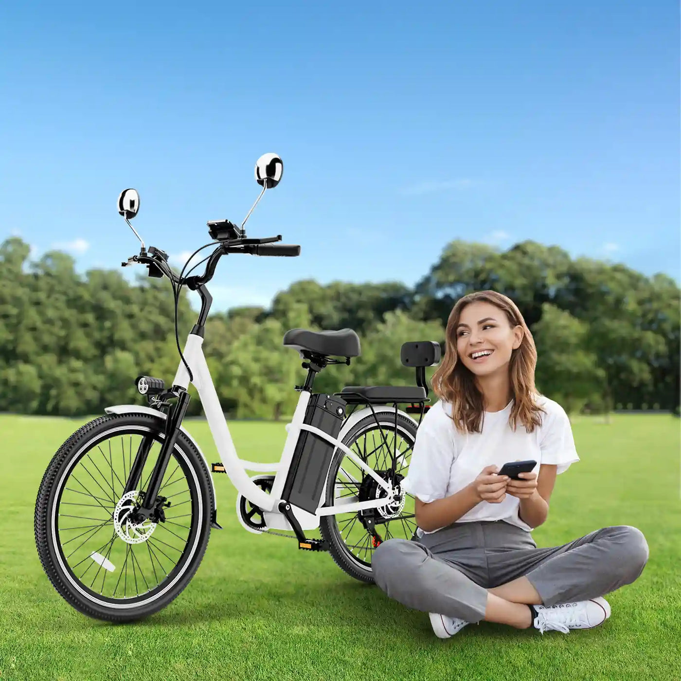 DDC CS20 500W 48V/20Ah Electric Bicycle Removable Battery,22MPH Commuter E-bike,24" Beach Cruiser Ebike for Women&Man, Back Seat Rear Mirror
