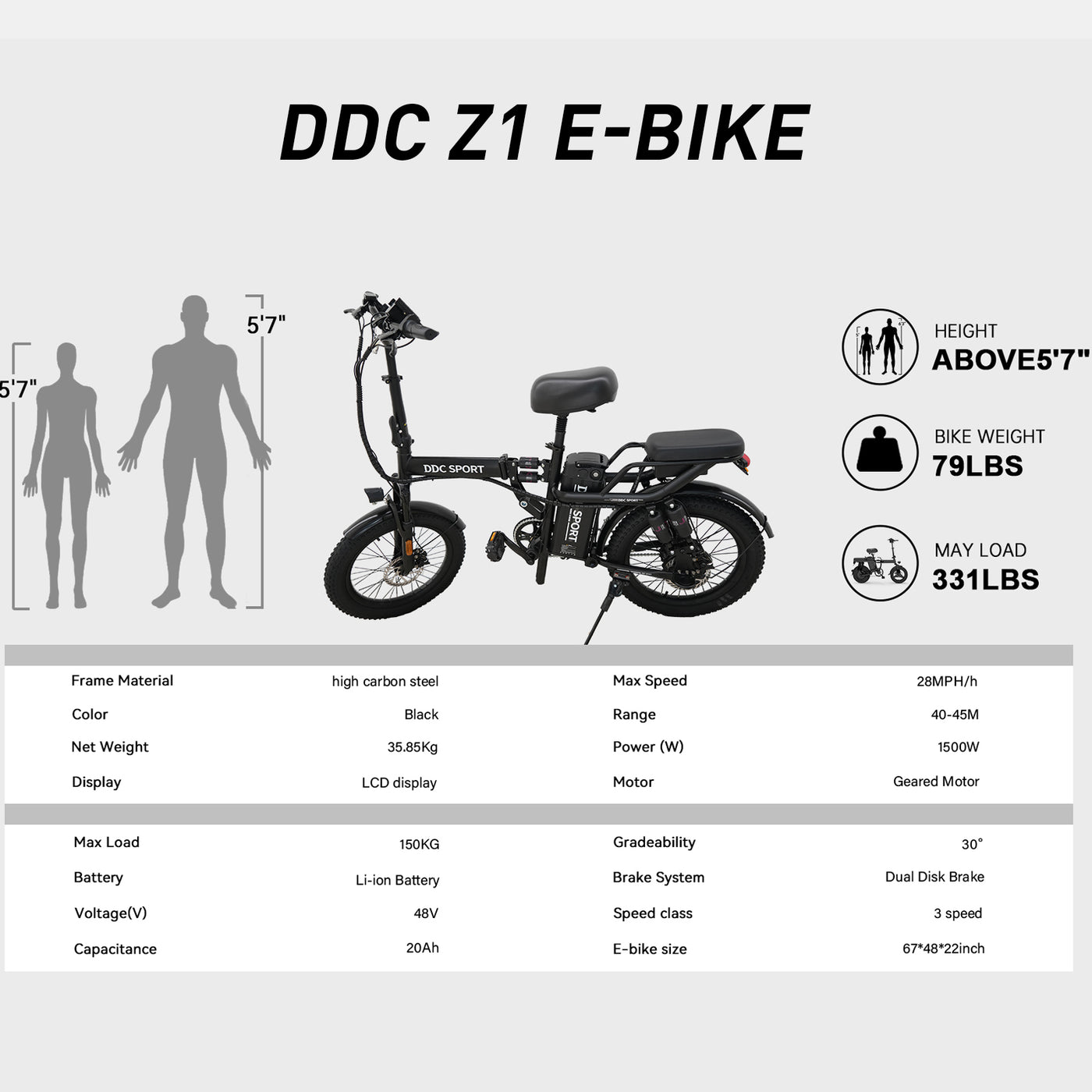 DDC Z1 1000W 48V/20Ah Electric Bicycle With Removable Battery, Folding Electric Bike for Adults,14" Ebike Urban City with 10 Shock Absorptions