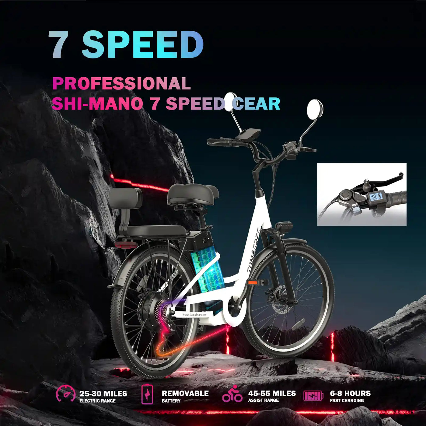 DDC CS20 500W 48V/20Ah Electric Bicycle Removable Battery,22MPH Commuter E-bike,24" Beach Cruiser Ebike for Women&Man, Back Seat Rear Mirror
