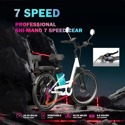 DDC CS20 500W 48V/20Ah Electric Bicycle Removable Battery,22MPH Commuter E-bike,24" Beach Cruiser Ebike for Women&Man, Back Seat Rear Mirror