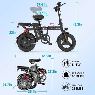 DDC M1 700W 48V/20Ah Electric Bicycle With Removable Battery, Folding Electric Bike for Adults,14'' Ebike Urban City with 10 Shock Absorptions