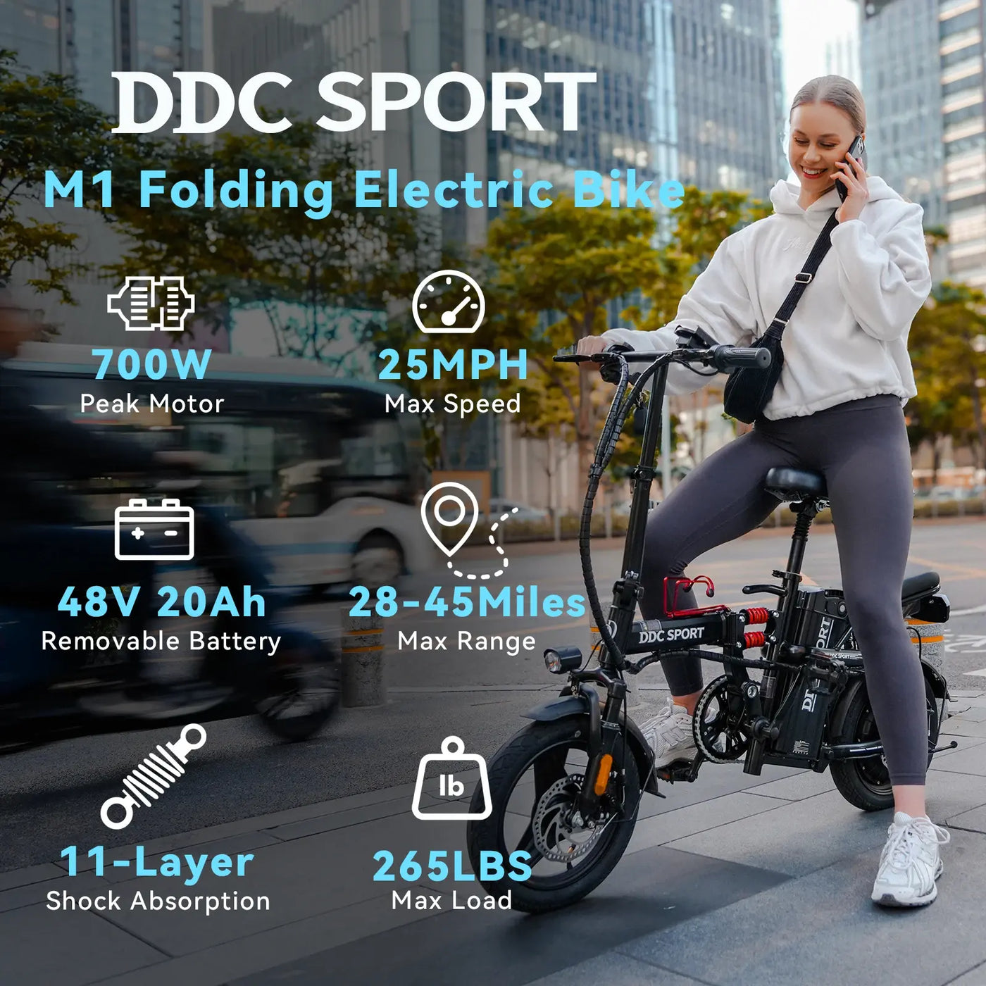 DDC M1 700W 48V/20Ah Electric Bicycle With Removable Battery, Folding Electric Bike for Adults,14'' Ebike Urban City with 10 Shock Absorptions