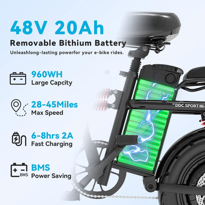DDC M1 700W 48V/20Ah Electric Bicycle With Removable Battery, Folding Electric Bike for Adults,14'' Ebike Urban City with 10 Shock Absorptions